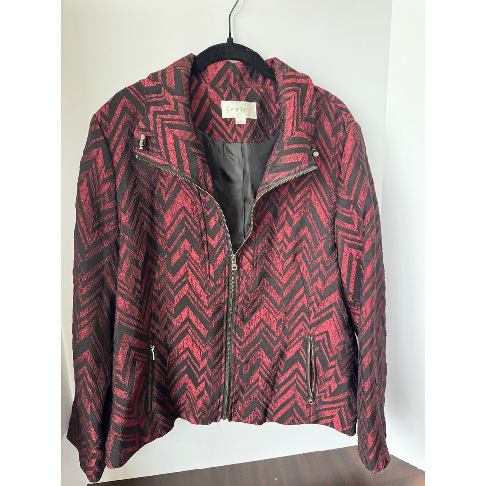 Erin London Women's Textured Moto Jacket Red Black Geometric Zip Front Size L‎